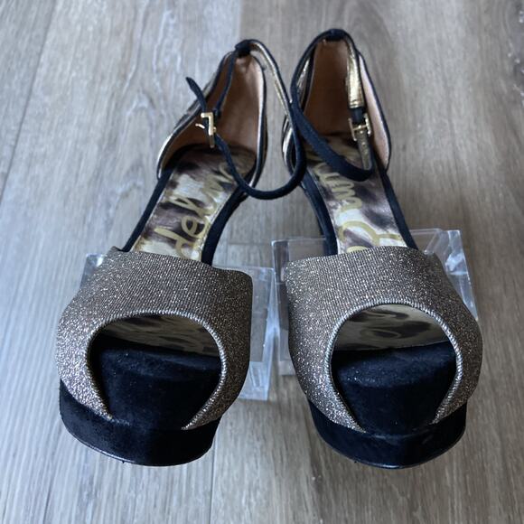 Sam Edelman Stiletto Heel Sz 7 Black Suede Gold Peep Toe Ankle Strap - Picture 5 of 14